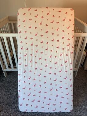 Kyte Baby Rose JurassicWhite Baby Crib Sheet with Pink Dinosaur Print